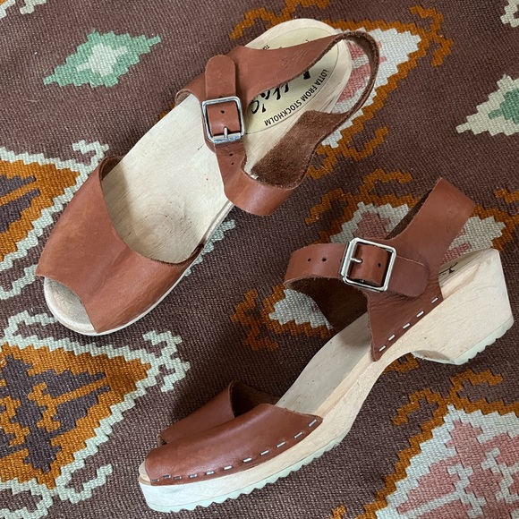 Lotta From Stockholm Shoes - Lotta’s Stockholm Swedish Leather Open Toe Sandal Strappy Clogs Tan Brown 38 7.5
